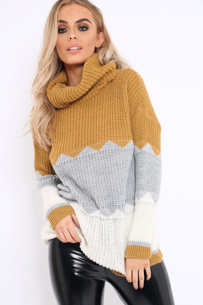 Mustard Grey and Cream ZigZag Patterned Roll Neck Jumper - Nataley-Jumper