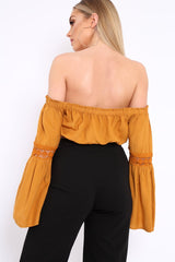 Mustard Gypsy Bardot Crop Top with Key Hole Tie Front - Kaitlin-Crop Tops
