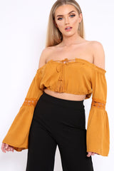 Mustard Gypsy Bardot Crop Top with Key Hole Tie Front - Kaitlin-Crop Tops