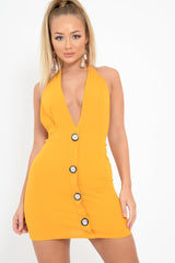 Mustard Halter Plunge Button Detail Mini Dress - Khaira-Dresses