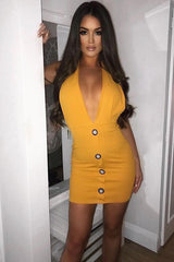 Mustard Halter Plunge Button Detail Mini Dress - Khaira-Dresses