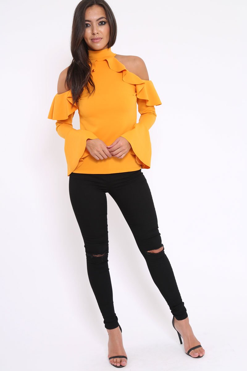 Mustard High Neck Cold Shouldered Frill Top - Stace-Tops