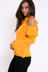 Mustard High Neck Cold Shouldered Frill Top - Stace-Tops