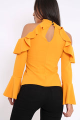 Mustard High Neck Cold Shouldered Frill Top - Stace-Tops