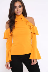 Mustard High Neck Cold Shouldered Frill Top - Stace-Tops