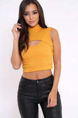 Mustard High Neck Cut Out Ribbed Crop Top - Jessica-Crop Tops
