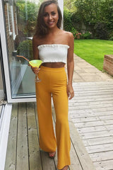 Mustard High Waist Flare Trousers -Tisha-Trousers