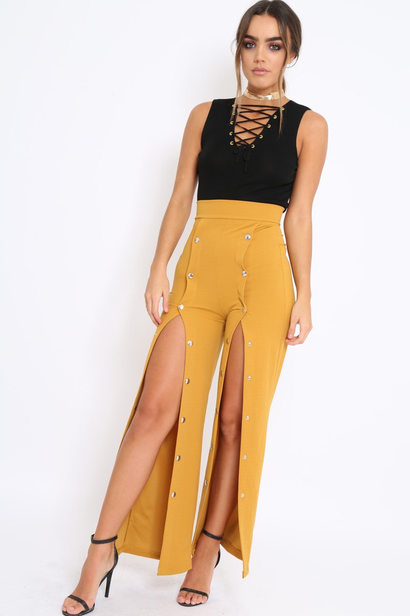 Mustard High Waist Flare Trousers with Popper detail -Tamy-Trousers