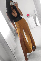 Mustard High Waist Flare Trousers with Popper detail -Tamy-Trousers