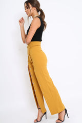 Mustard High Waist Flare Trousers with Popper detail -Tamy-Trousers