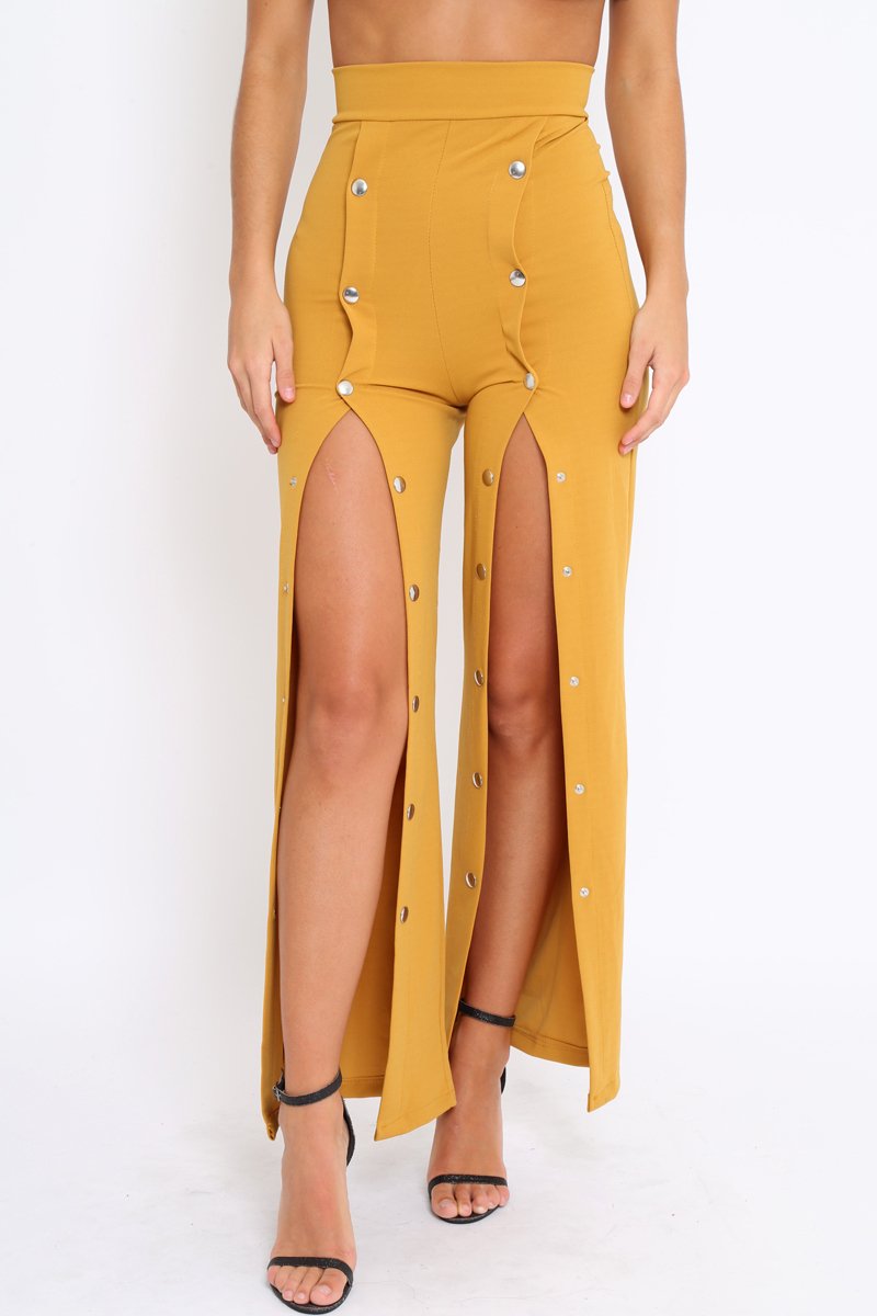 Mustard High Waist Flare Trousers with Popper detail -Tamy-Trousers
