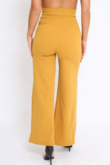 Mustard High Waist Flare Trousers with Popper detail -Tamy-Trousers