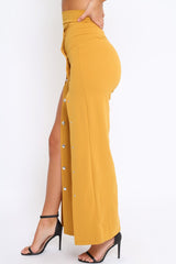 Mustard High Waist Flare Trousers with Popper detail -Tamy-Trousers