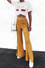 Mustard High Waist Flare Trousers with Popper detail -Tamy-Trousers