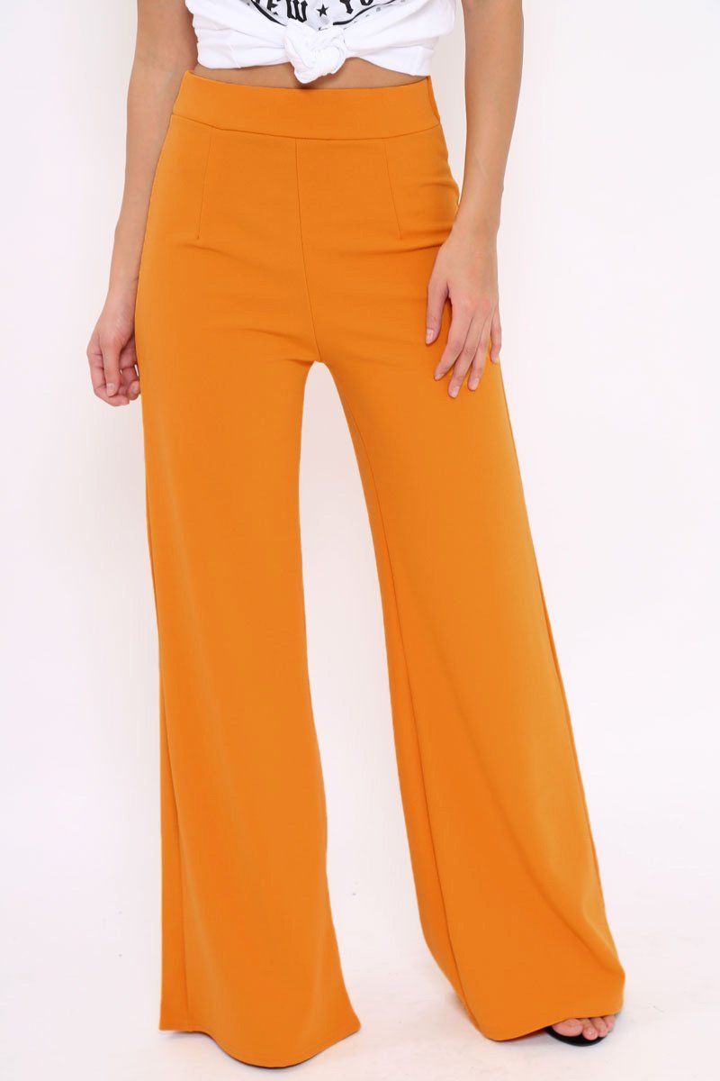 Mustard High Waisted Flare Trousers - Kym-Trousers