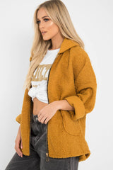 Mustard Hooded Zip Front Borg Coat - Loryn-Coats