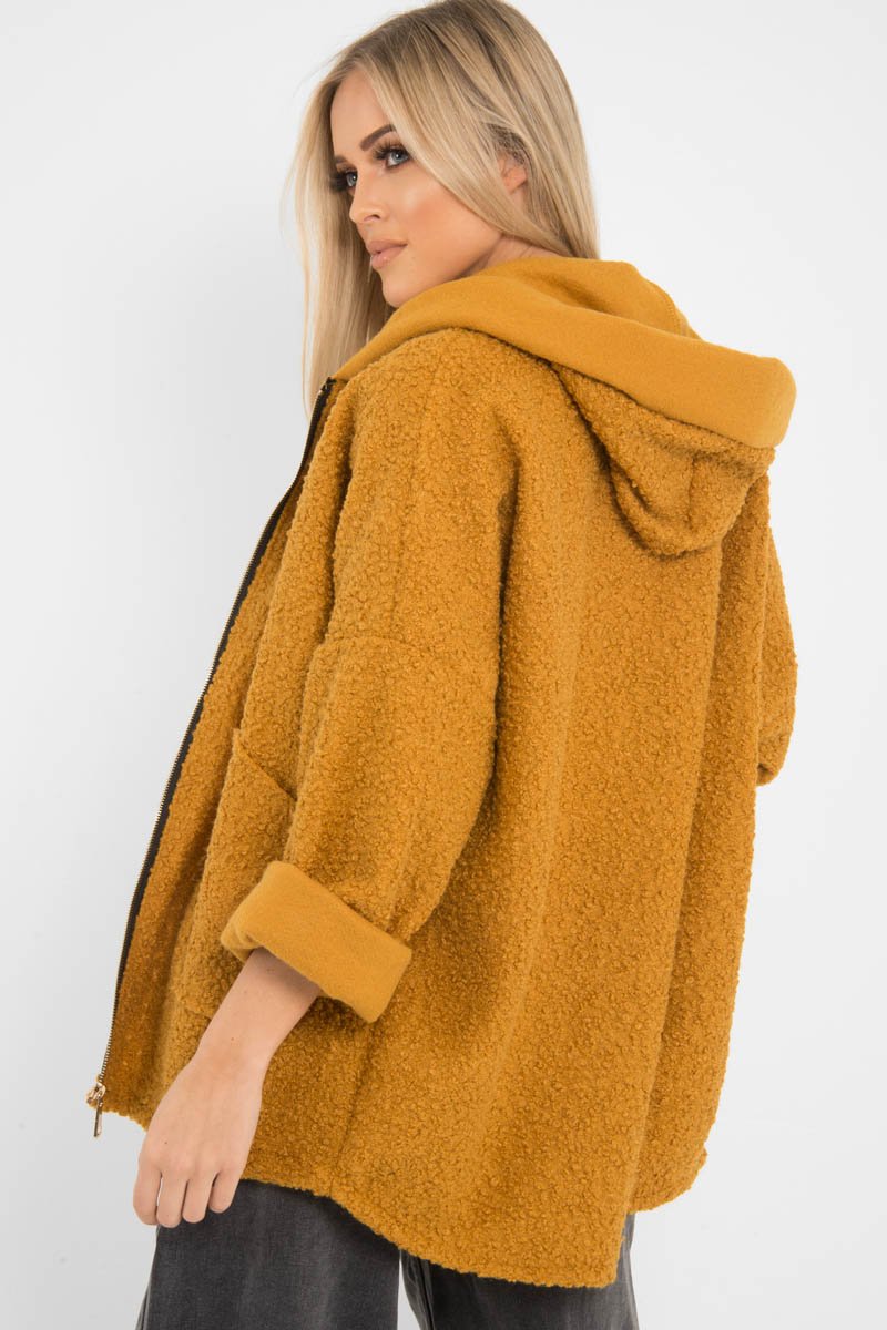 Mustard Hooded Zip Front Borg Coat - Loryn-Coats