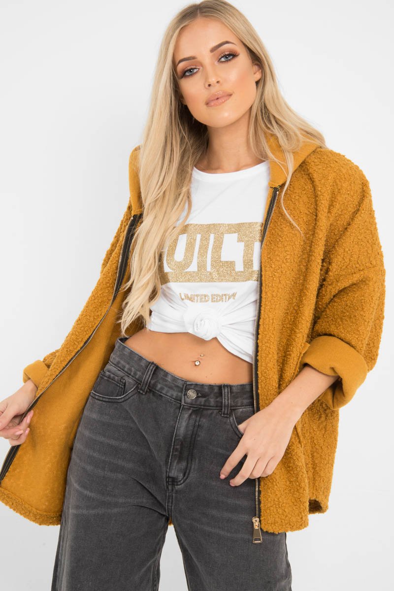 Mustard Hooded Zip Front Borg Coat - Loryn-Coats
