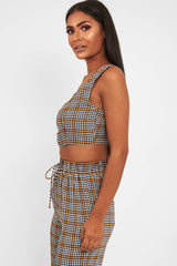 Mustard Houndstooth Crop Top Cuffed Trousers Co-Ord - Kila-Co-ords