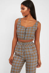 Mustard Houndstooth Crop Top Cuffed Trousers Co-Ord - Kila-Co-ords