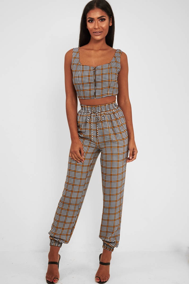 Mustard Houndstooth Crop Top Cuffed Trousers Co-Ord - Kila-Co-ords