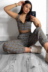 Mustard Houndstooth Crop Top Cuffed Trousers Co-Ord - Kila-Co-ords