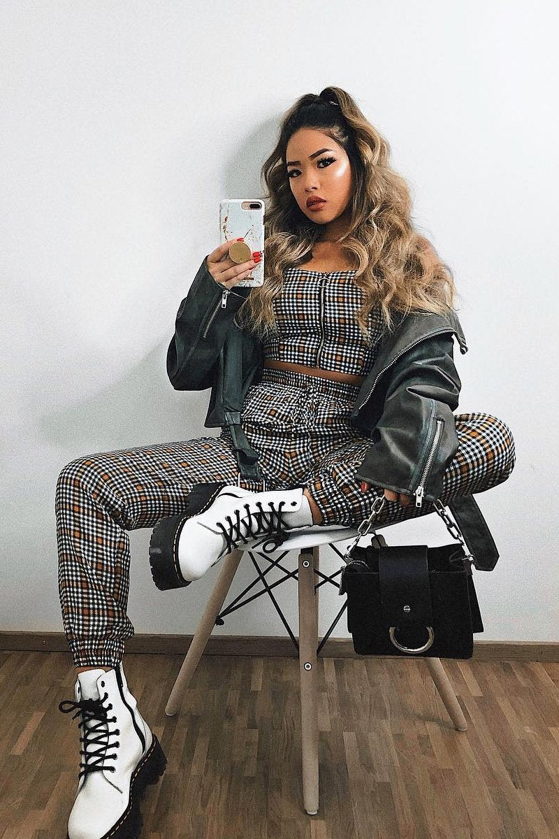 Mustard Houndstooth Crop Top Cuffed Trousers Co-Ord - Kila-Co-ords
