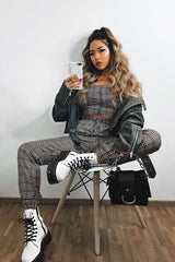 Mustard Houndstooth Crop Top Cuffed Trousers Co-Ord - Kila-Co-ords