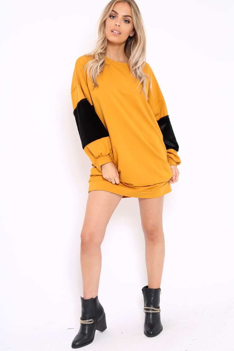 Mustard Jumper Dress with Fur Sleeves - Paris-Dresses