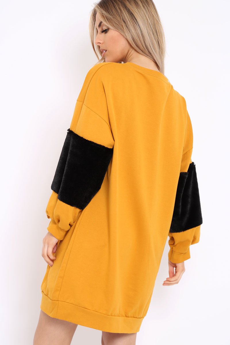 Mustard Jumper Dress with Fur Sleeves - Paris-Dresses