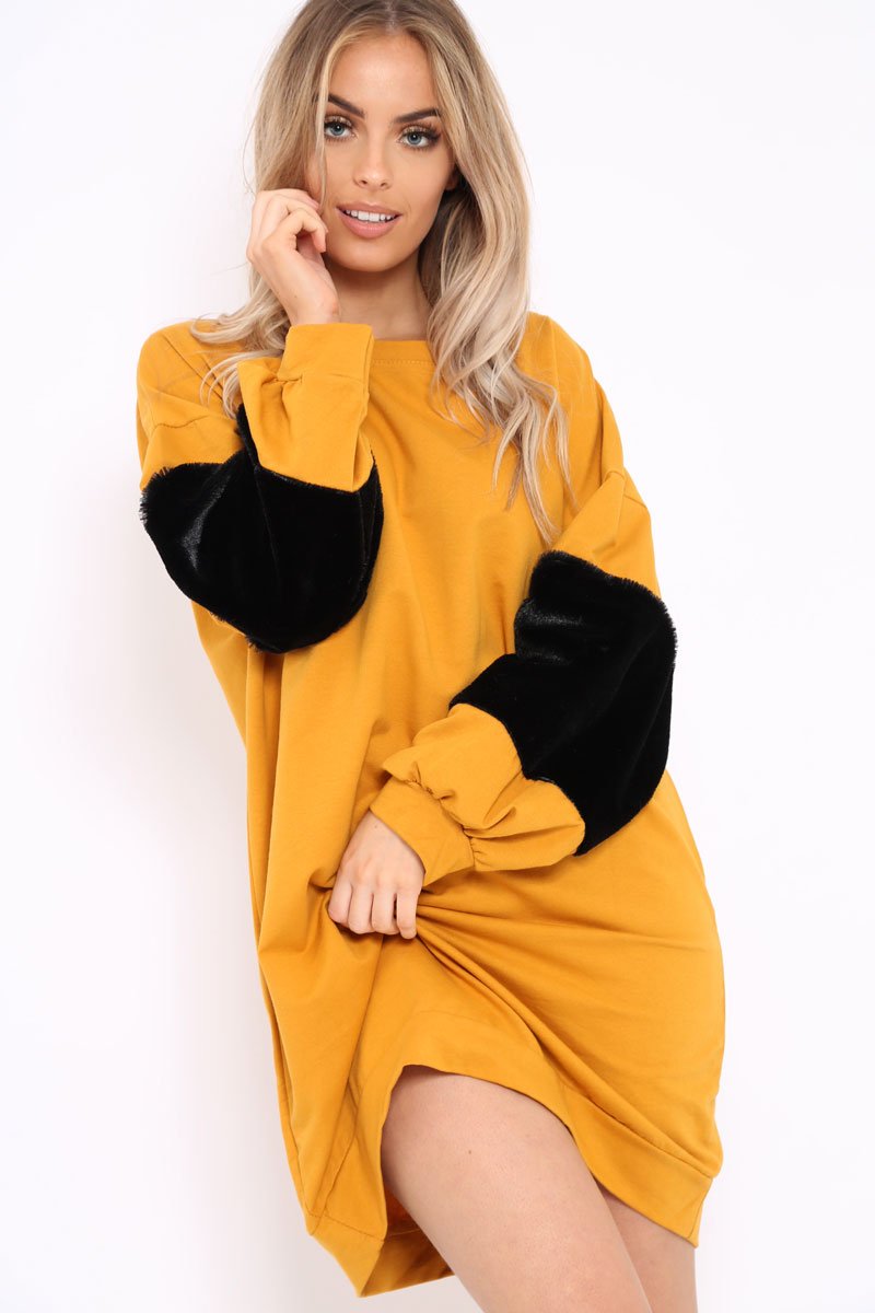 Mustard Jumper Dress with Fur Sleeves - Paris-Dresses