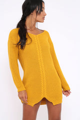 Mustard Jumper Dress with Twist Knit Detail - Antonia-Dresses