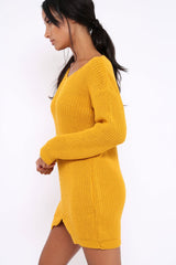 Mustard Jumper Dress with Twist Knit Detail - Antonia-Dresses