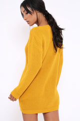 Mustard Jumper Dress with Twist Knit Detail - Antonia-Dresses