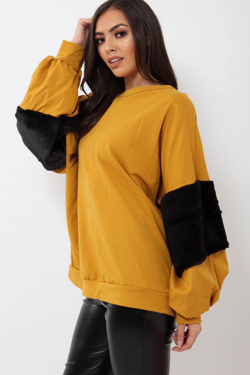 Mustard Jumper with Fur Sleeves - Stephanie-Jumper