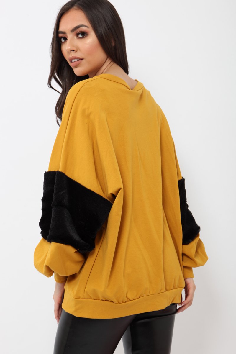 Mustard Jumper with Fur Sleeves - Stephanie-Jumper