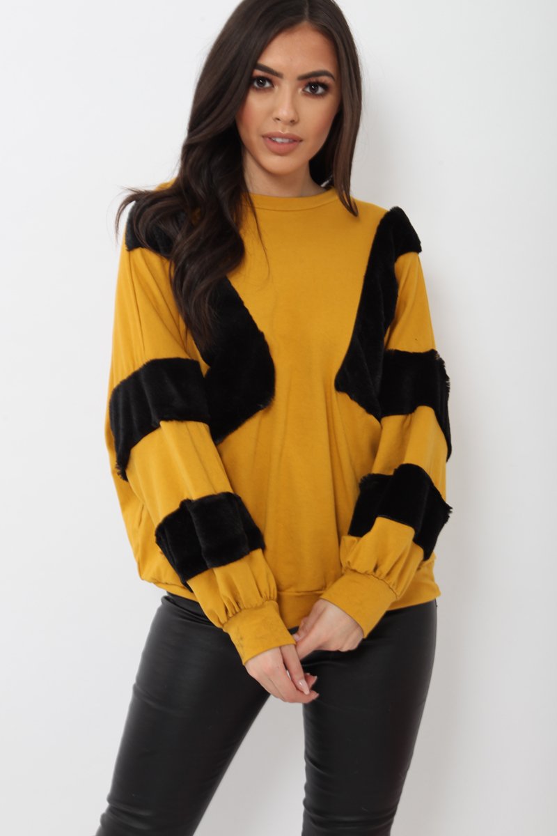 Mustard Jumper with Fur on Front and Sleeves - Mercedes-Jumper