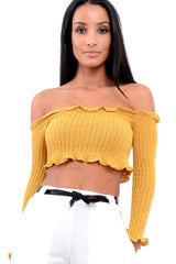 Mustard Knitted Bardot Frill Crop Top - Kesia-Crop Tops
