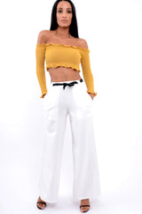 Mustard Knitted Bardot Frill Crop Top - Kesia-Crop Tops
