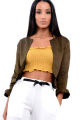 Mustard Knitted Bardot Frill Crop Top - Kesia-Crop Tops