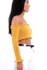 Mustard Knitted Bardot Frill Crop Top - Kesia-Crop Tops