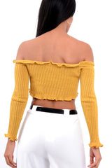 Mustard Knitted Bardot Frill Crop Top - Kesia-Crop Tops