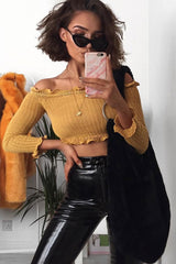 Mustard Knitted Bardot Frill Crop Top - Kesia-Crop Tops