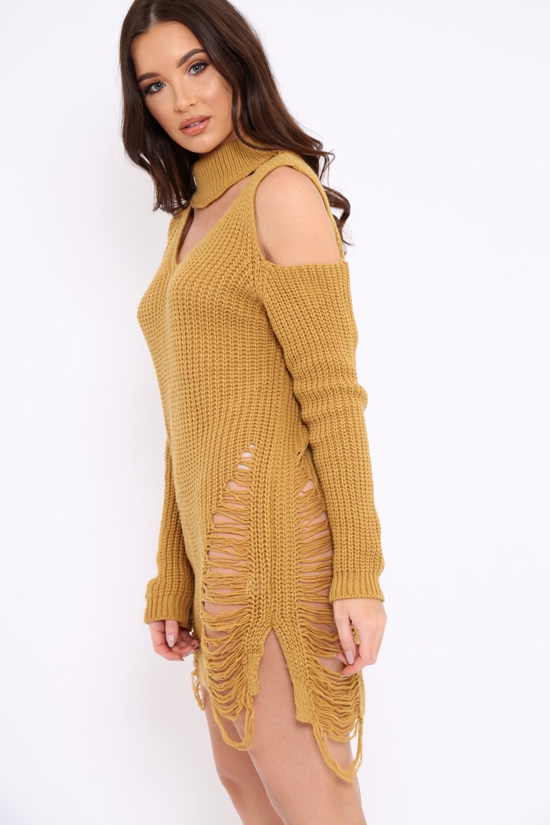 Mustard Knitted Cut Out Front Cold Shoulder Distressed Jumper Dress - Jamie-Dresses