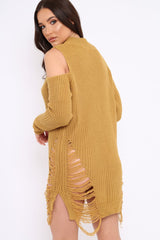 Mustard Knitted Cut Out Front Cold Shoulder Distressed Jumper Dress - Jamie-Dresses