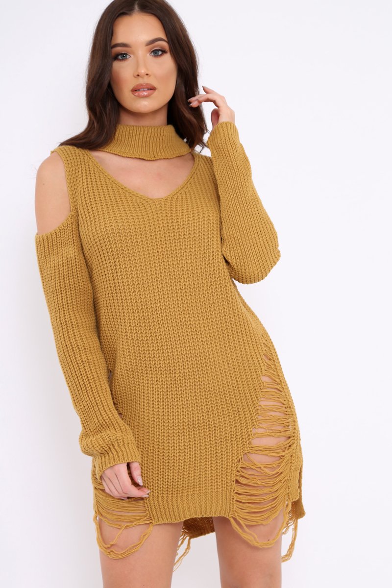 Mustard Knitted Cut Out Front Cold Shoulder Distressed Jumper Dress - Rebellious Fashion Mustard Knitted Cut Out Front Cold Shoulder Distressed Jumper Dress - Rebellious Fashion