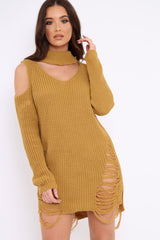 Mustard Knitted Cut Out Front Cold Shoulder Distressed Jumper Dress - Jamie-Dresses