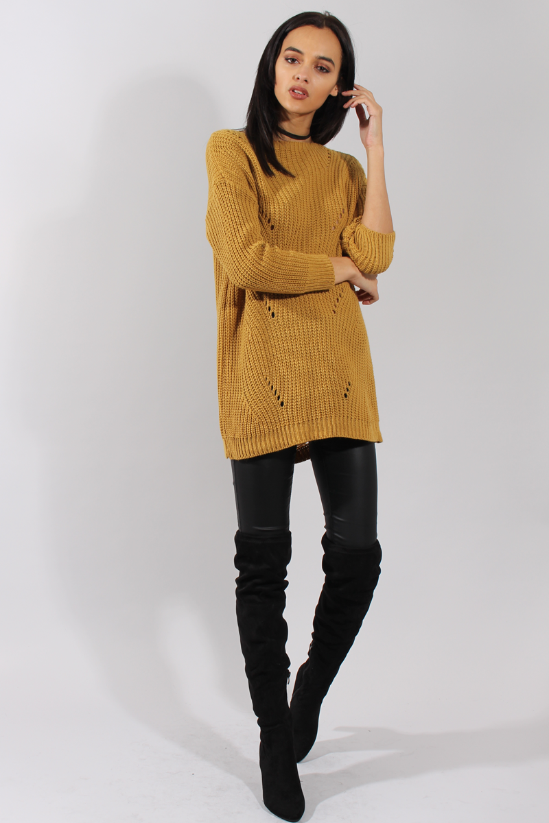 Mustard Knitted Distressed Back Jumper Dress - Cara-Dresses