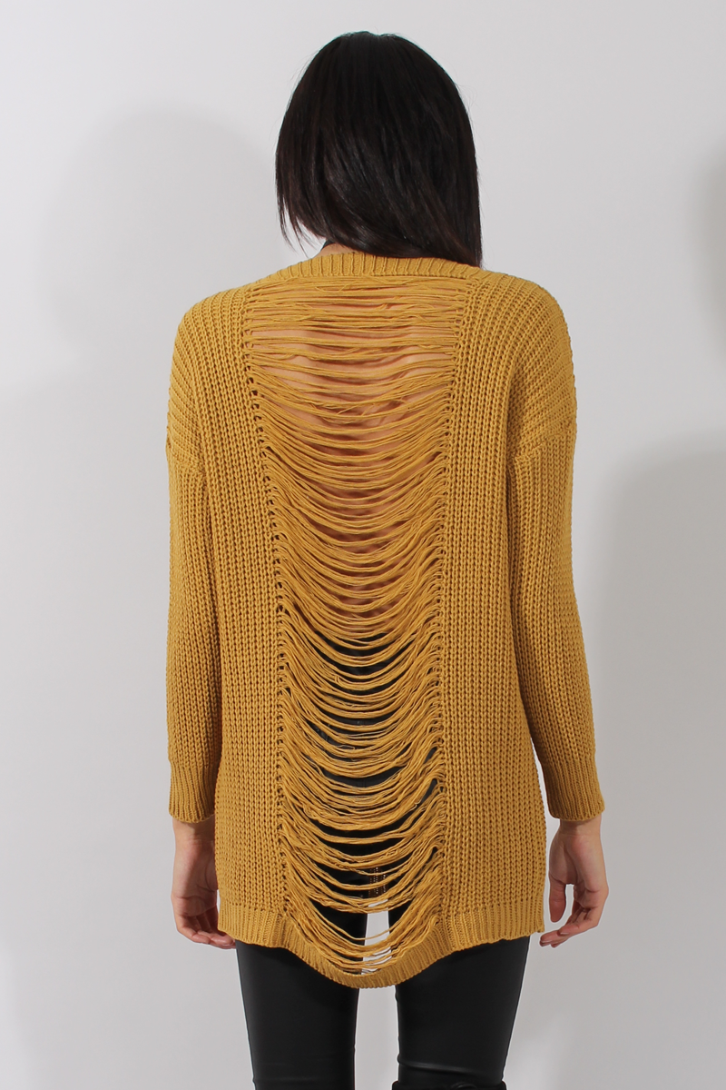 Mustard Knitted Distressed Back Jumper Dress - Cara-Dresses