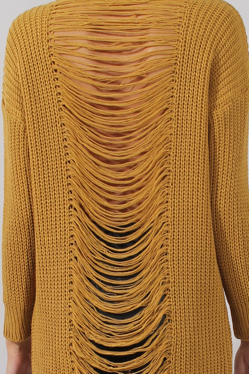 Mustard Knitted Distressed Back Jumper Dress - Cara-Dresses